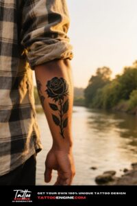 Photorealistic shot of a man's forearm with a black rose tattoo, wearing a plaid shirt by a riverbank during golden hour.