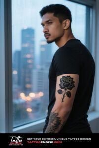 Cinematic shot of a man's forearm with a black rose tattoo, wearing a black t-shirt by a window with city lights.