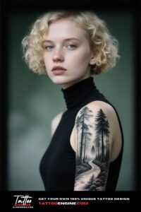 A woman with a forest landscape tattoo on her arm, in a black turtleneck.