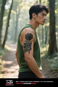 Cinematic shot of a man's upper arm with a black rose tattoo, wearing a green vest walking in a forest.