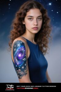 A woman with a galaxy tattoo on her arm, in a dark blue dress.