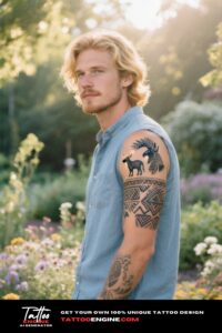 Man with a Native American-inspired tribal tattoo in a garden