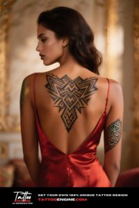 A woman's back with a large geometric tribal tattoo, set against a luxurious interior background.