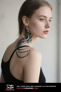 A side profile of a woman with a tribal tattoo on her neck and shoulder, against a neutral background.
