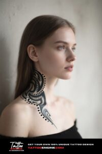 A side profile of a woman with a tribal tattoo on her neck and upper chest, against a neutral background.
