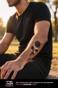 Photorealistic shot of a man's hand with a black rose tattoo, wearing a black t-shirt in a sunlit park.