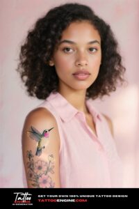 A woman with a hummingbird and flowers tattoo on her arm, in a pink blouse.