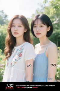 Two women with matching infinity tattoos on their forearms in a garden.