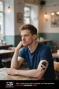 Cinematic shot of a man's inside forearm with a black rose tattoo, wearing a navy t-shirt at a cafe table.