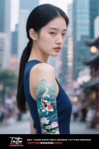 A woman's arm with a koi fish and lotus half sleeve tattoo in a cityscape setting.