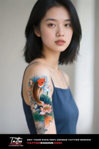 A woman with a koi fish and lotus tattoo on her arm, in a navy dress.