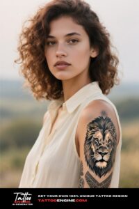 A woman with a lion and tribal patterns tattoo on her arm, in a cream blouse.