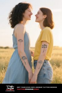 Two women with matching lotus flower tattoos on their forearms, symbolizing resilience and growth.