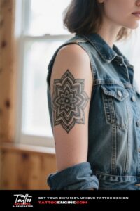A woman's arm with a mandala half sleeve tattoo in black and grey, wearing a denim jacket, in natural light.