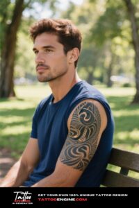 Close-up of a man's arm with a Maori-inspired tribal tattoo in a park