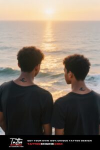 Two men with matching wave tattoos on their necks, facing an ocean horizon at sunset.