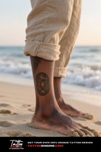 Close-up of a man's ankle with a minimalist tribal tattoo on a beach