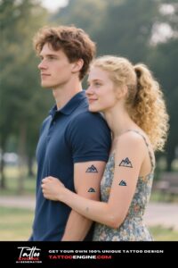 Two friends with matching minimalist mountain tattoos on their inner biceps.