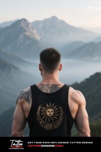 Man with a tribal back tattoo looks over a mountain landscape