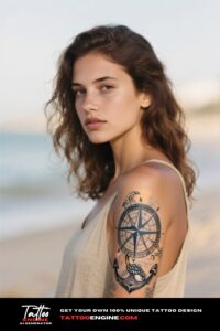 A woman with a nautical compass tattoo on her arm, in a beige top.