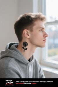 Cinematic side profile shot of a man with a black rose tattoo on his neck, wearing a grey hoodie by a window.