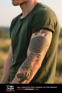 A man with a Norse tribal tattoo on his bicep, wearing a dark green t-shirt.