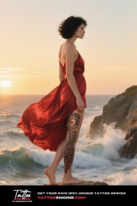 A woman on a cliff with an ocean-inspired tribal tattoo on her thigh, set against a sunset backdrop.