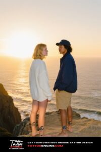 Two friends with matching wave tattoos on their ankles standing on a cliff by the ocean