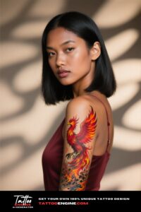 A woman with a phoenix tattoo on her arm, in a maroon dress.