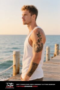 Man with an Aztec-inspired tribal tattoo on a pier