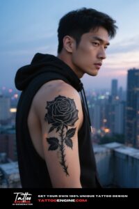 Photorealistic shot of a man's shoulder with a black rose tattoo, wearing a black hoodie on a rooftop at twilight.