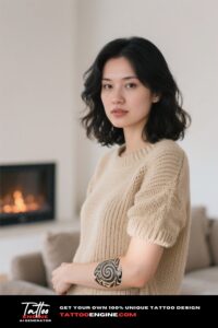 A woman with a tribal spiral tattoo on her wrist, wearing a beige sweater, standing in a living room with a fireplace.
