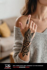 A woman's hand with a detailed tribal tattoo, set against a cozy living room background.