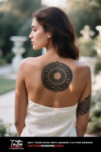A woman's upper back with a symmetrical tribal tattoo, set against a garden background.