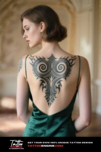 A woman's back with a detailed tribal tattoo, set against an elegant interior background.