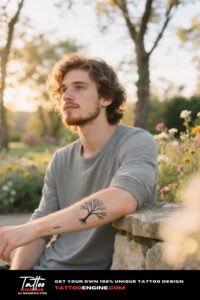 Man sitting on a wall with a tree tattoo on his forearm
