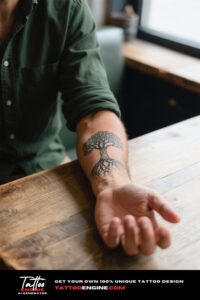 A man's wrist with a tree with roots tattoo, symbolizing strength and grounding in friendship.
