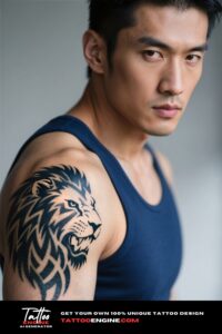 Close-up of a man's shoulder with a tribal lion tattoo, wearing a navy tank top.
