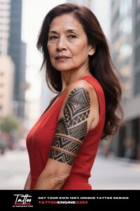 A woman with a tribal tattoo on her arm, in a red dress.