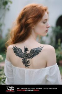 A woman's upper back with a tribal phoenix tattoo.