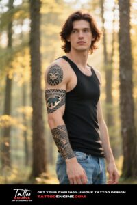 A man with a tribal tattoo sleeve stands in a sunlit forest