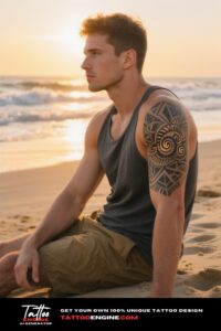 Man with a tribal tattoo on his shoulder sits on a beach at sunset