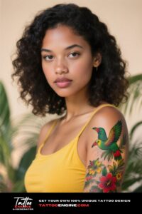 A woman with a tropical birds and flowers tattoo on her arm, in a yellow top.