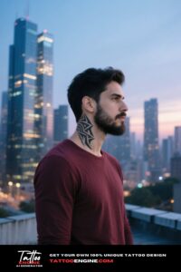 Man with a tribal neck tattoo stands on a rooftop at twilight