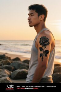 Cinematic shot of a man with a black rose tattoo on his upper arm, standing on a beach at sunset.