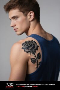Cinematic shot of a man's upper back with a black rose tattoo on his shoulder blade, in a studio setting.