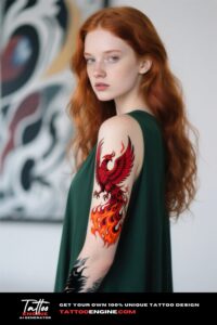 A woman with a vibrant phoenix tattoo on her arm, wearing a dark green tunic.
