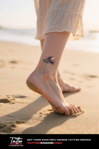 A woman's ankle with a small wave tattoo, symbolizing the ebb and flow of friendship.