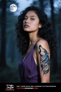 A woman with a wolf and moon tattoo on her arm, in a purple dress.