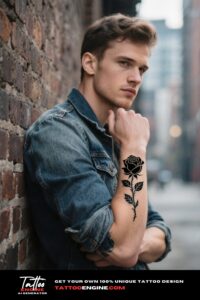Photorealistic shot of a man's wrist with a black rose tattoo, wearing a denim jacket against a brick wall.